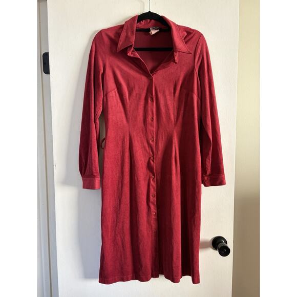 ABS by Allen Schwartz Suede Long sleeve Dress Red Size 8 Button Front Holiday - Picture 2 of 6